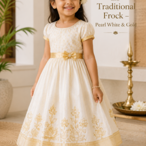 Girls Traditional Frock – Pearl White & Gold