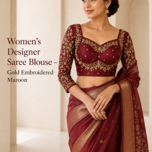 Women’s Designer Saree Blouse – Gold Embroidered Maroon